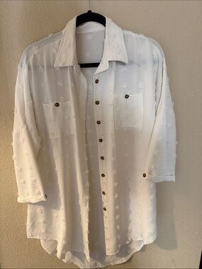 White Textured Button-Up Shirt with Wooden Buttons
